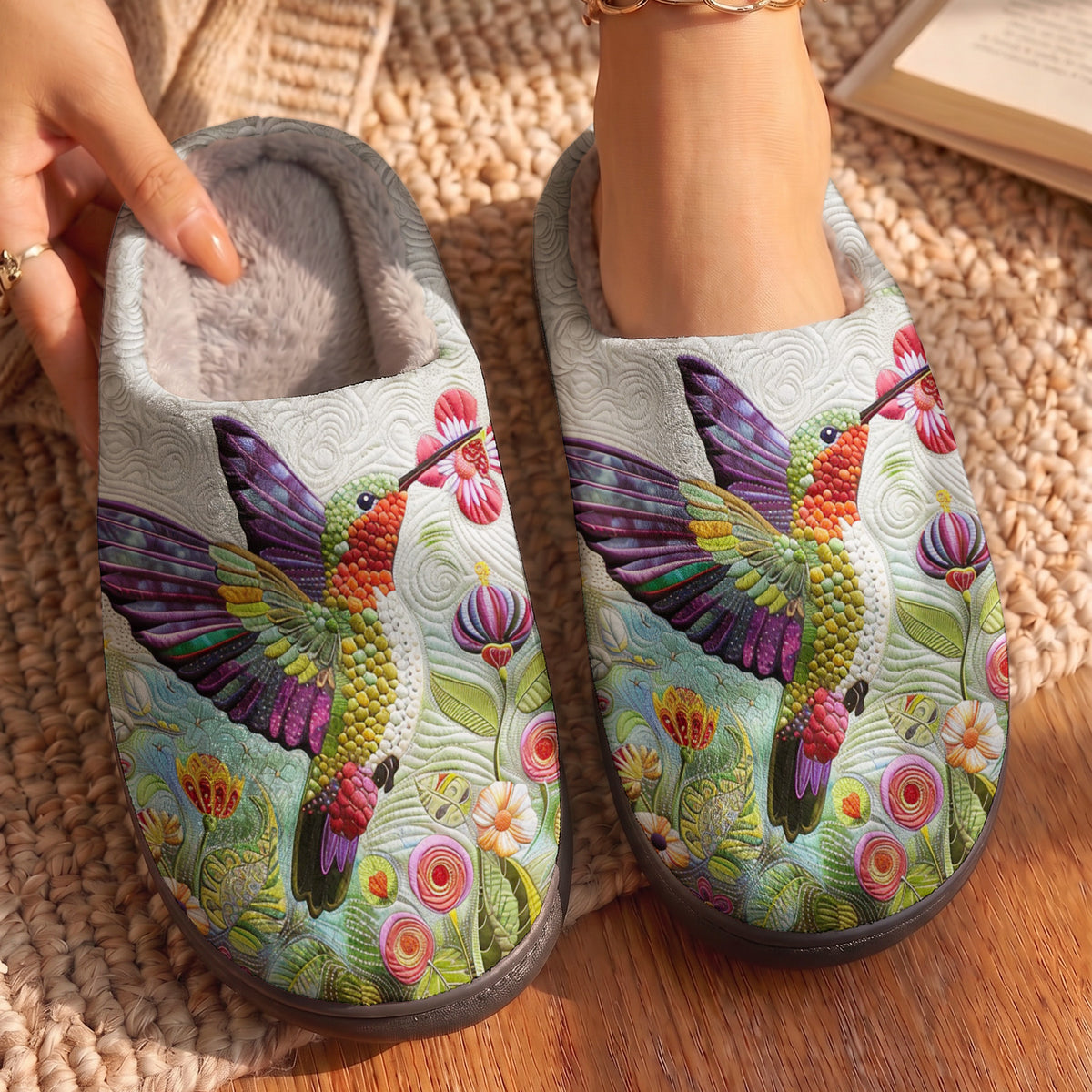 Lorva Hummingbird Fleece Lined Slippers Beautiful Floral Garden