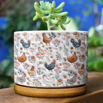 Lorva Chicken Flat Print Ceramic Plant Pot Happy Field Flowers