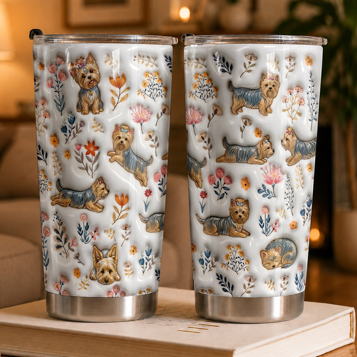 Lorva Yorkie 20Oz Flat Print Tumbler Happy Field Flowers