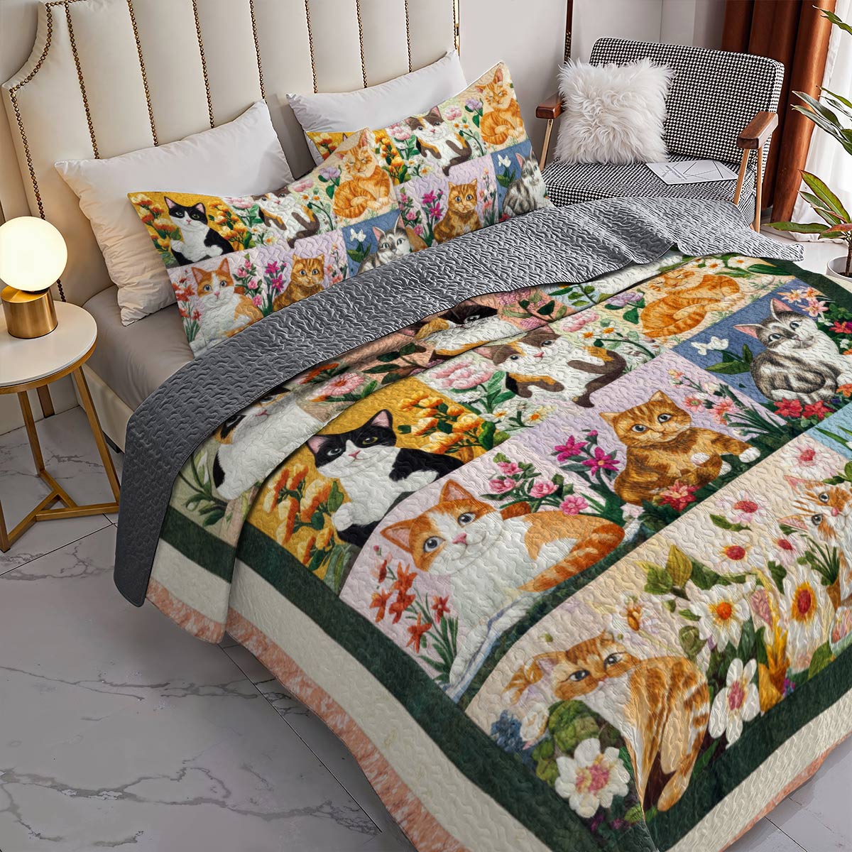 Lorva All Season Quilt 3-Piece Set Whimsical Whiskers In Bloom