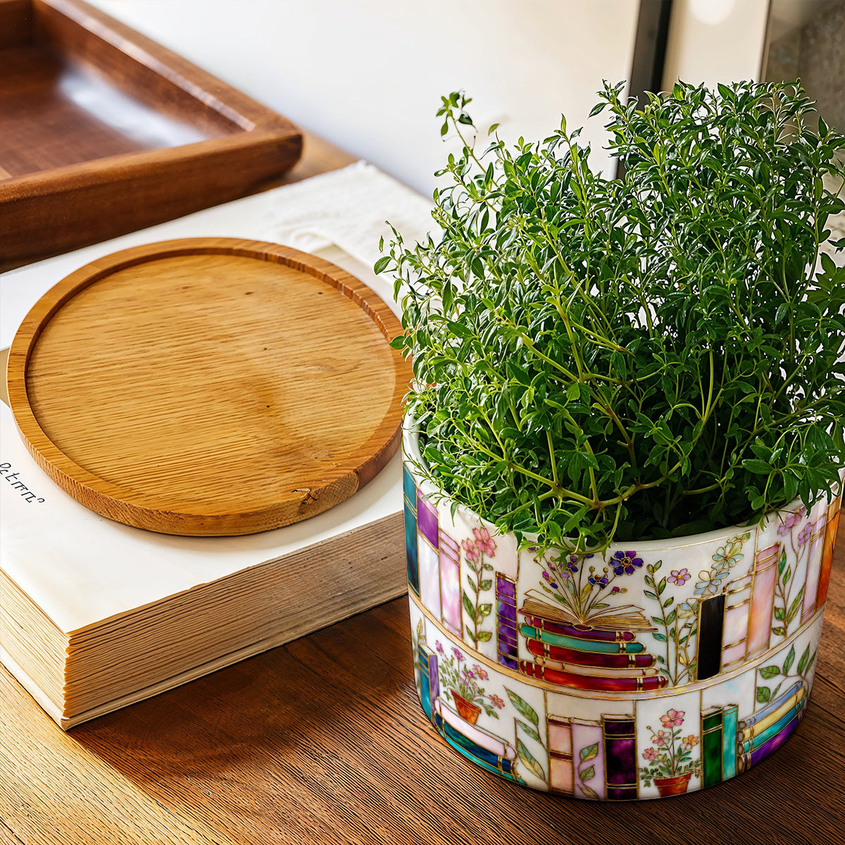 Lorva Reading Ceramic Plant Pot Charming Floral Bookshelf