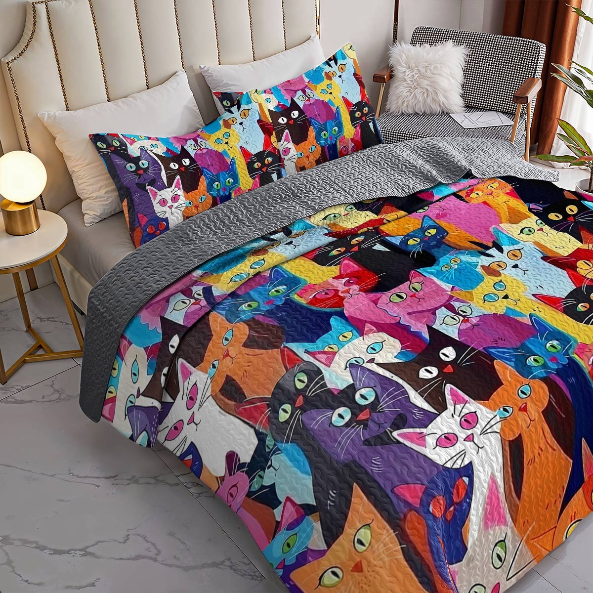 Lorva All Season Quilt 3-Piece Set Colorful Cats