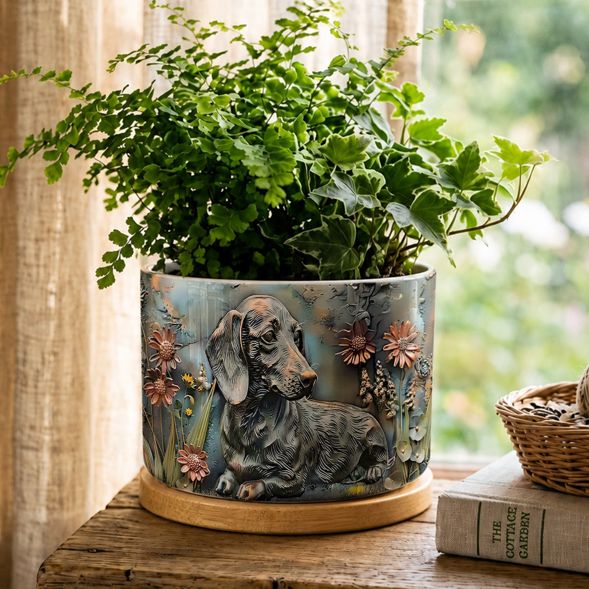 Lorva Dachshund Flat Print Ceramic Plant Pot Rustic Dachshund Garden