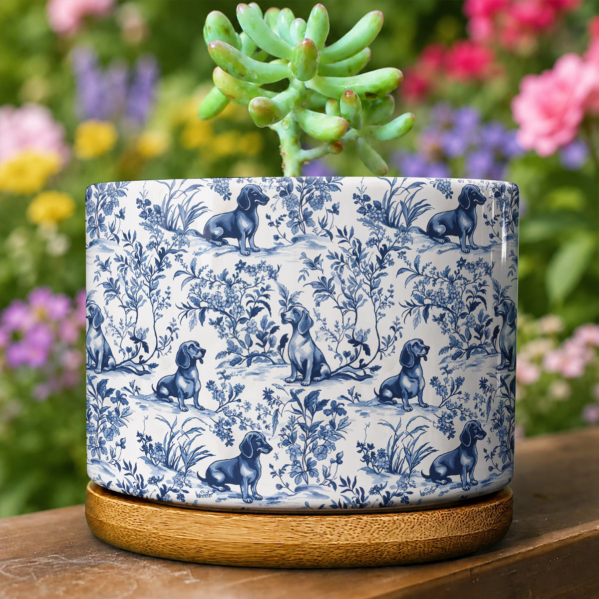 Lorva Dachshund Flat Print Ceramic Plant Pot Blue Floral