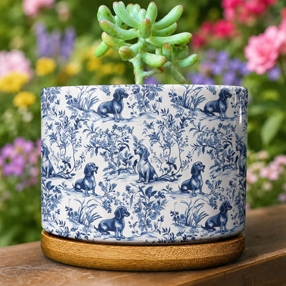 Lorva Dachshund Flat Print Ceramic Plant Pot Blue Floral
