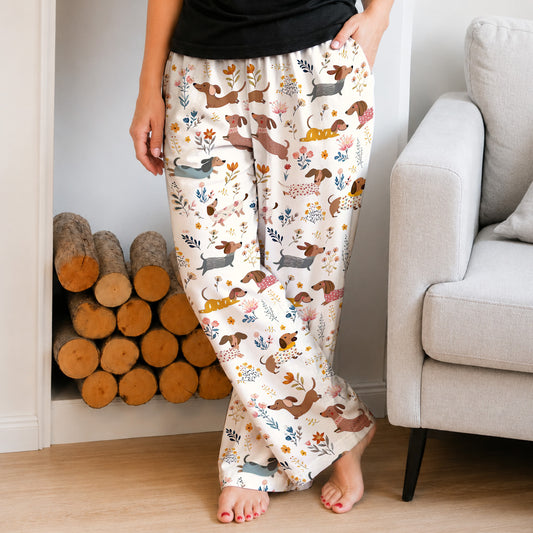 Lorva Dachshund Lounge Pants Happy Field Flowers