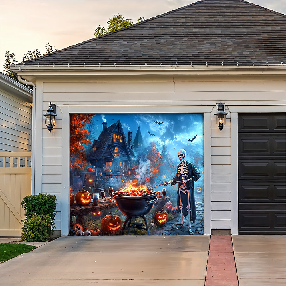 Lorva Halloween Garage Door Banner Decoration Skeleton’s Halloween BBQ