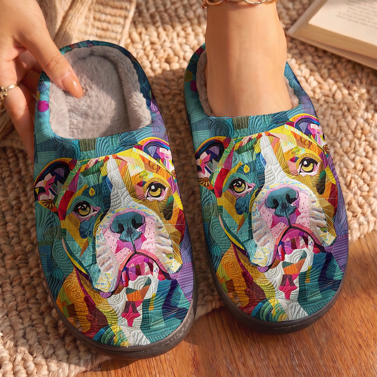 Lorva Pit bull Fleece Lined Slippers Colorful Patchwork