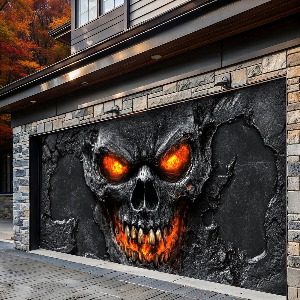 Lorva Halloween Garage Door Banner Decoration Hellfire Skull