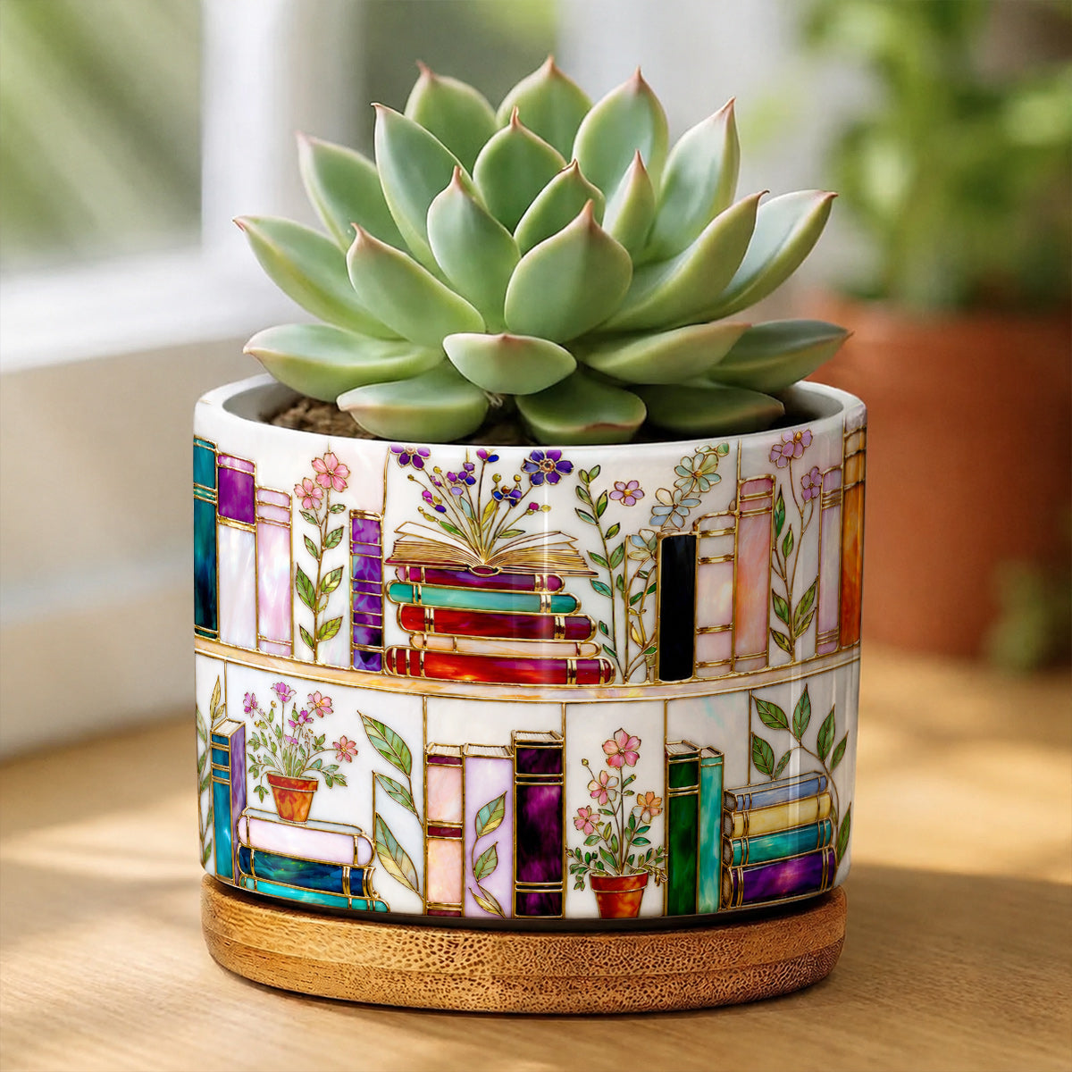 Lorva Reading Ceramic Plant Pot Charming Floral Bookshelf