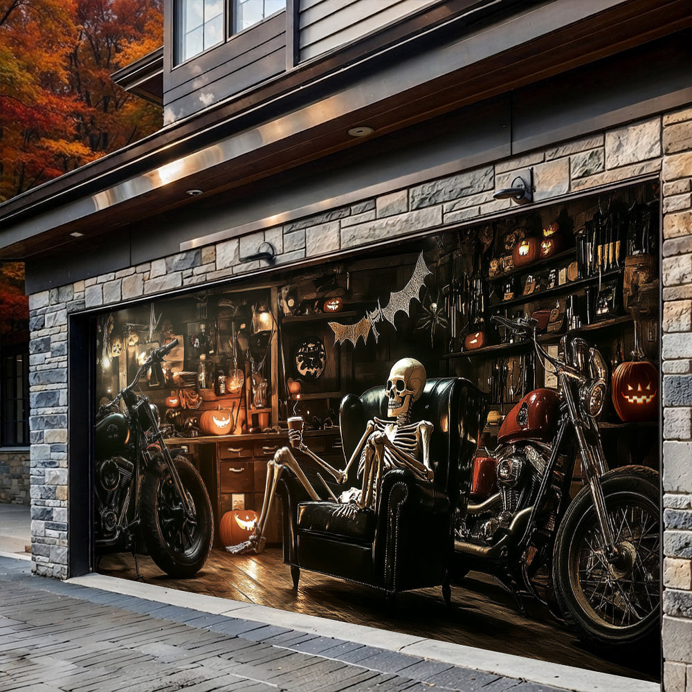 Lorva Halloween Garage Door Banner Decoration Spooky Skeleton Motorcycle Garage