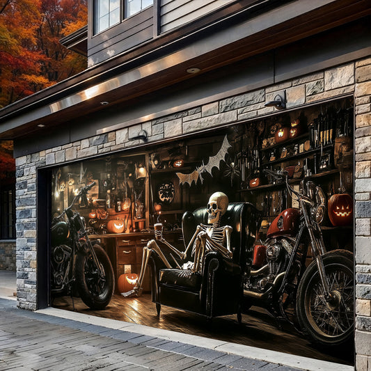 Lorva Halloween Garage Door Banner Decoration Spooky Skeleton Motorcycle Garage
