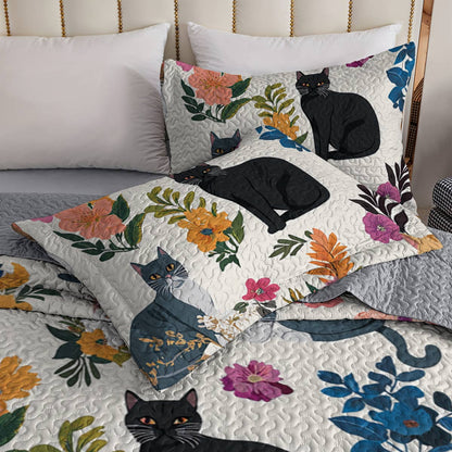 Cat Lorva All Season Quilt 3-Piece Set Whimsical Floral Cats