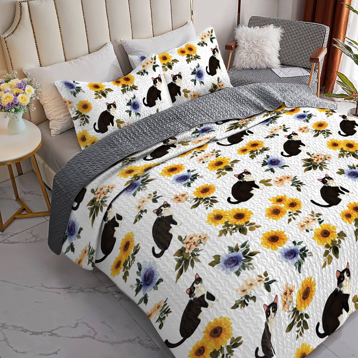 Lorva All Season Quilt 3-Piece Set Sunshine Floral Cat