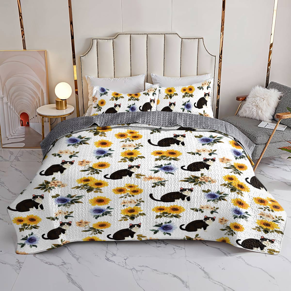 Lorva All Season Quilt 3-Piece Set Sunshine Floral Cat