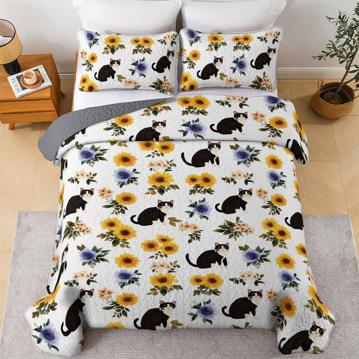 Lorva All Season Quilt 3-Piece Set Sunshine Floral Cat