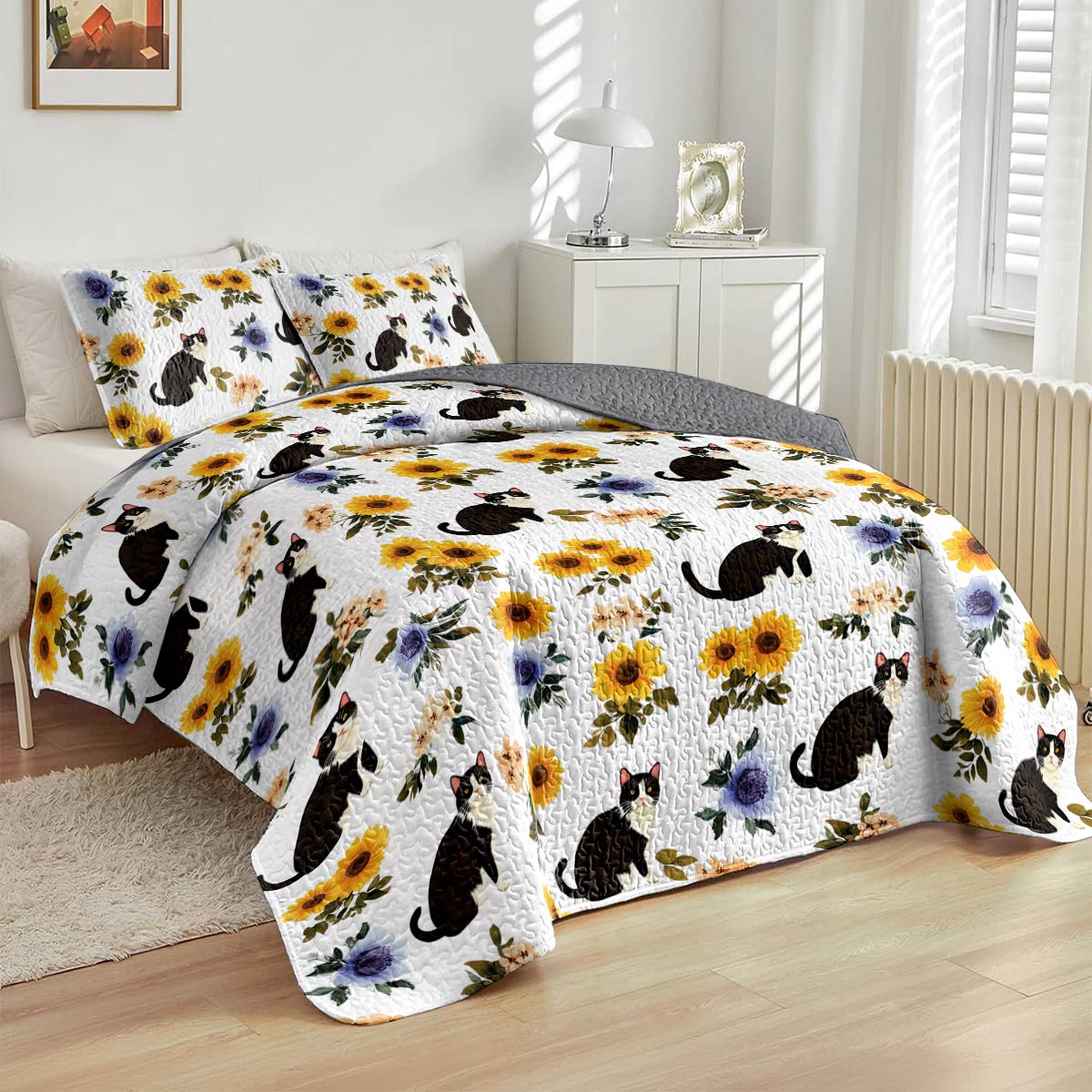 Lorva All Season Quilt 3-Piece Set Sunshine Floral Cat