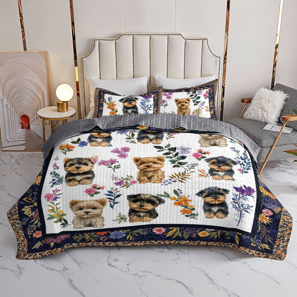 Lorva All Season Quilt 3-Piece Set Yorkie Garden Bliss