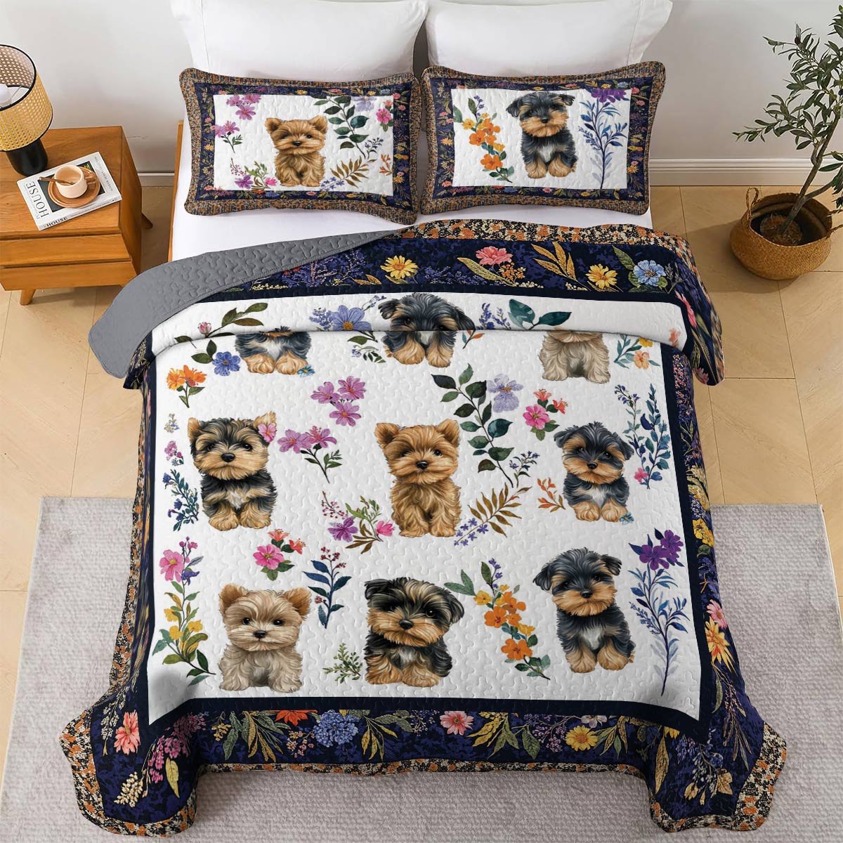 Lorva All Season Quilt 3-Piece Set Yorkie Garden Bliss