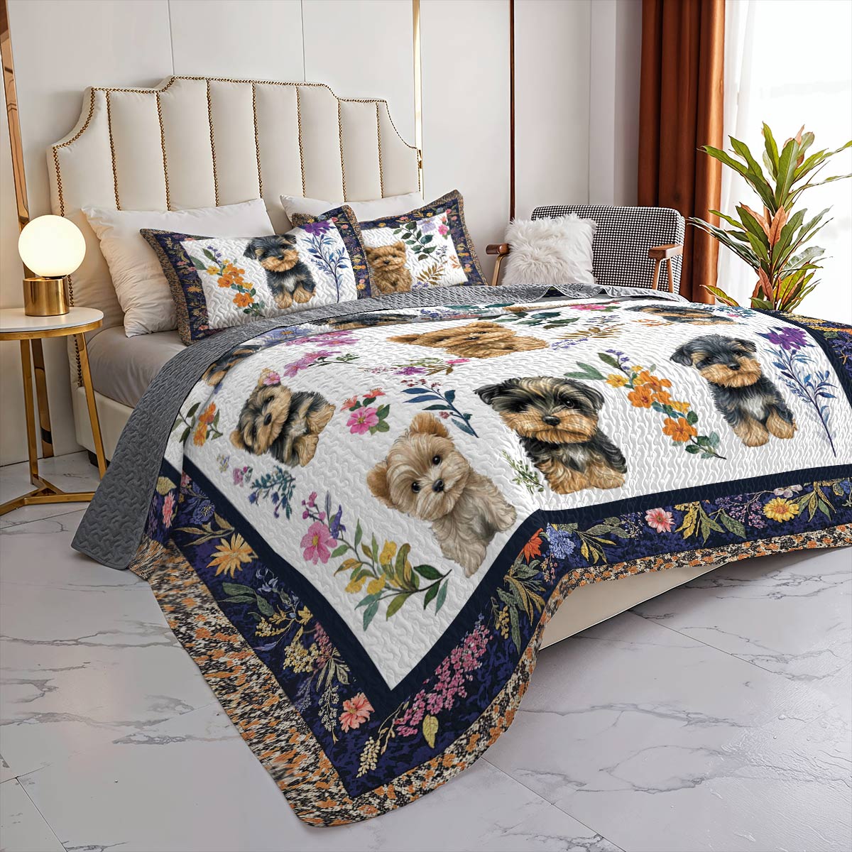 Lorva All Season Quilt 3-Piece Set Yorkie Garden Bliss