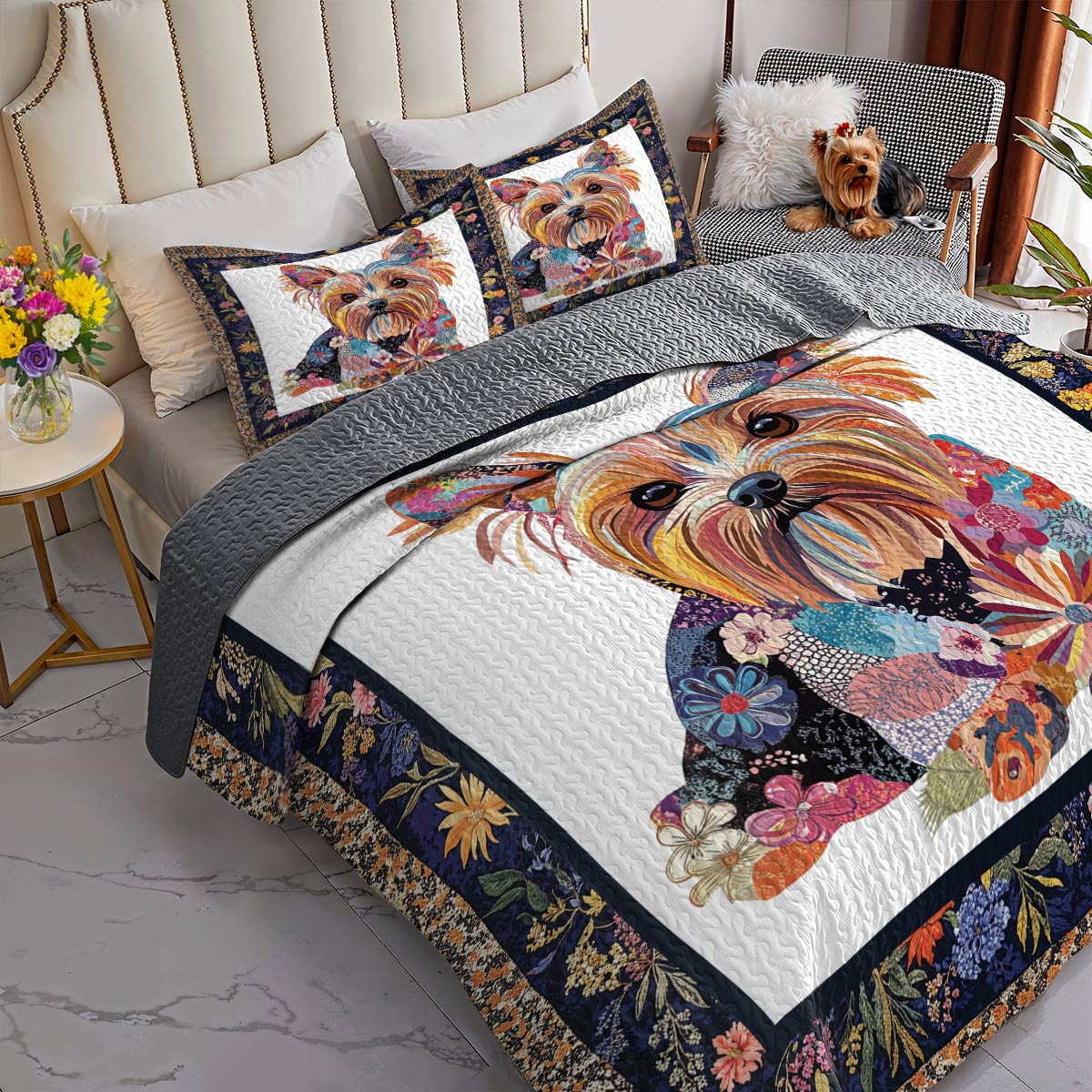 Lorva All Season Quilt 3-Piece Set Patchwork Yorkshire Terrier Paradise