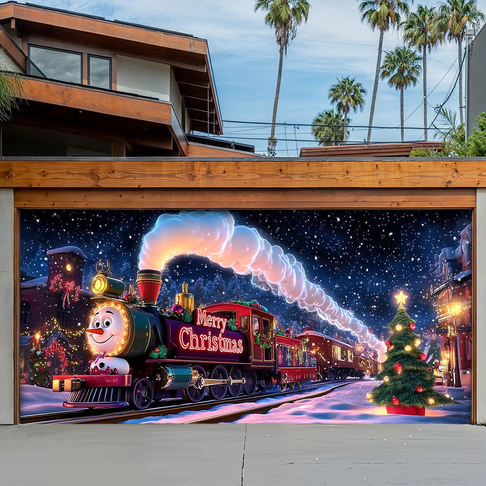 Lorva Christmas Garage Door Banner Decoration Cute Snowman’s Train Express