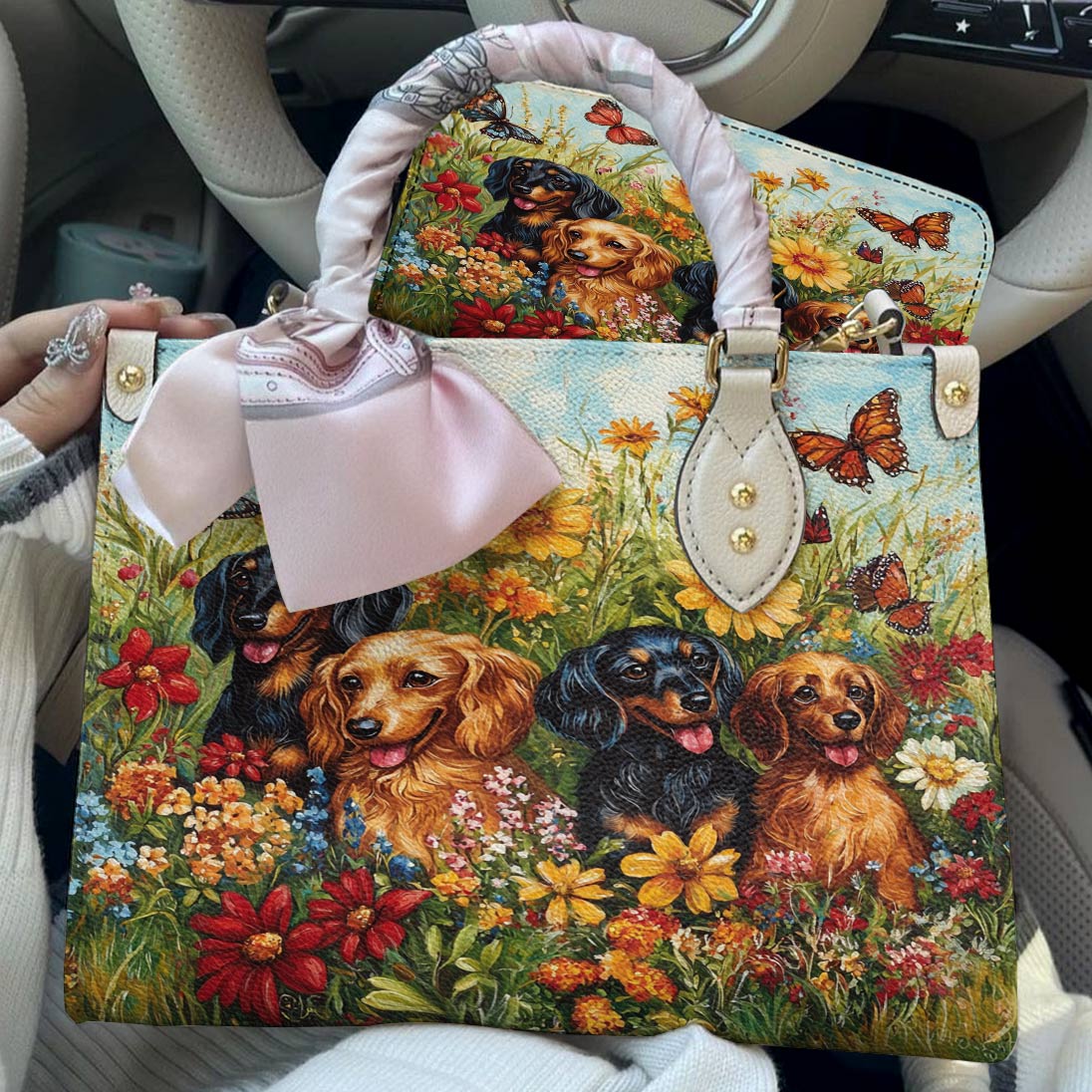 Lorva Leather Bag Beautiful Flowers Dachshund