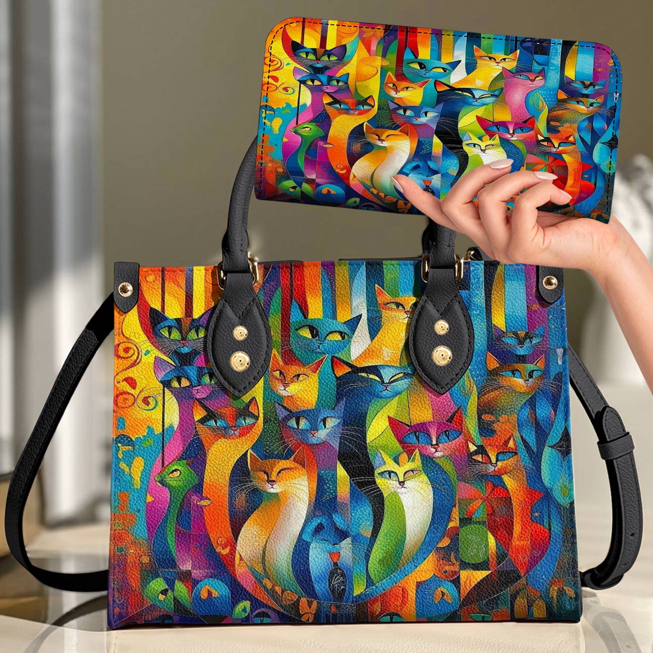 Lorva Cat Leather Bag Rainbow Geometric